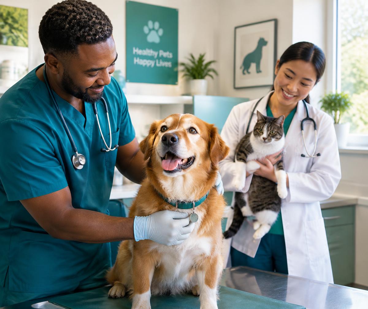 Veterinarian examining a happy dog while a colleague holds a cat